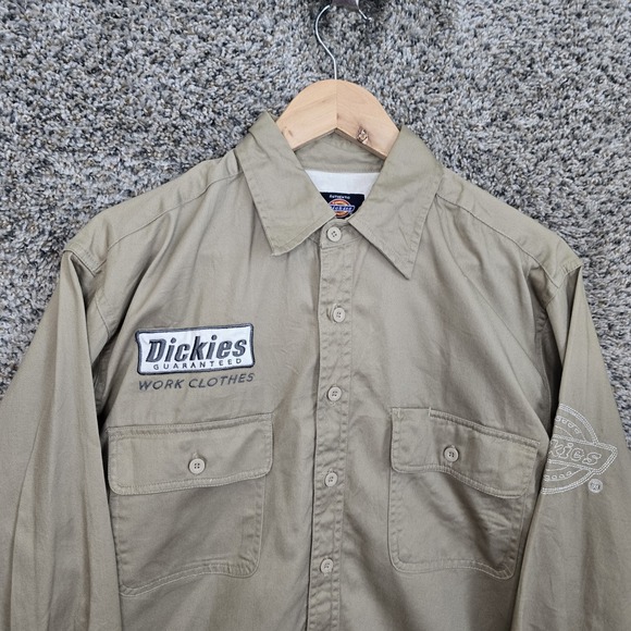 Dickies Shirt Mens Medium Beige Button Up Workwear Embroidered Long Sleeve - Picture 4 of 7